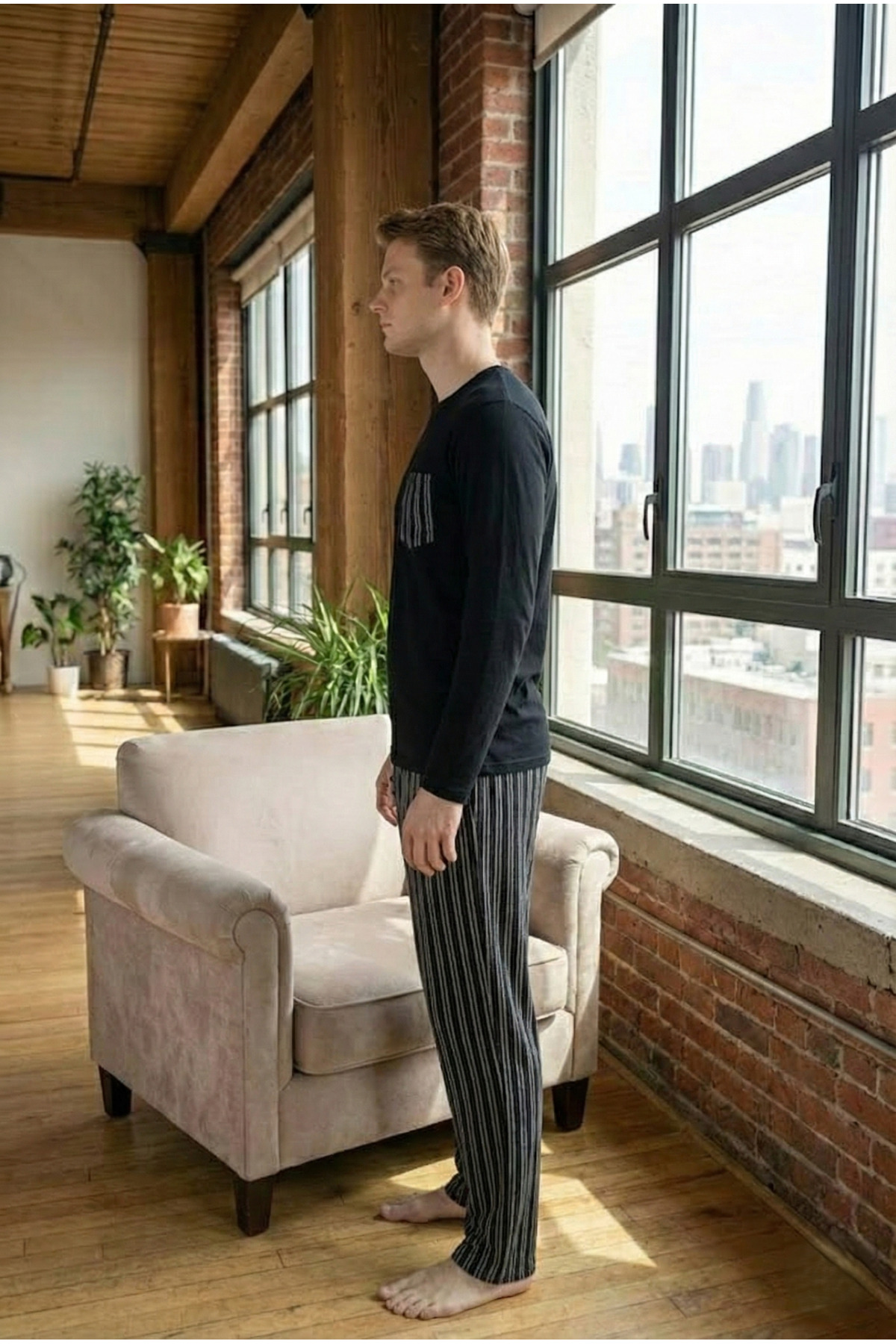 STELLAPİNK Erkek Penye Ekoseli Siyah Uzun Pijama Takımı görsel 2