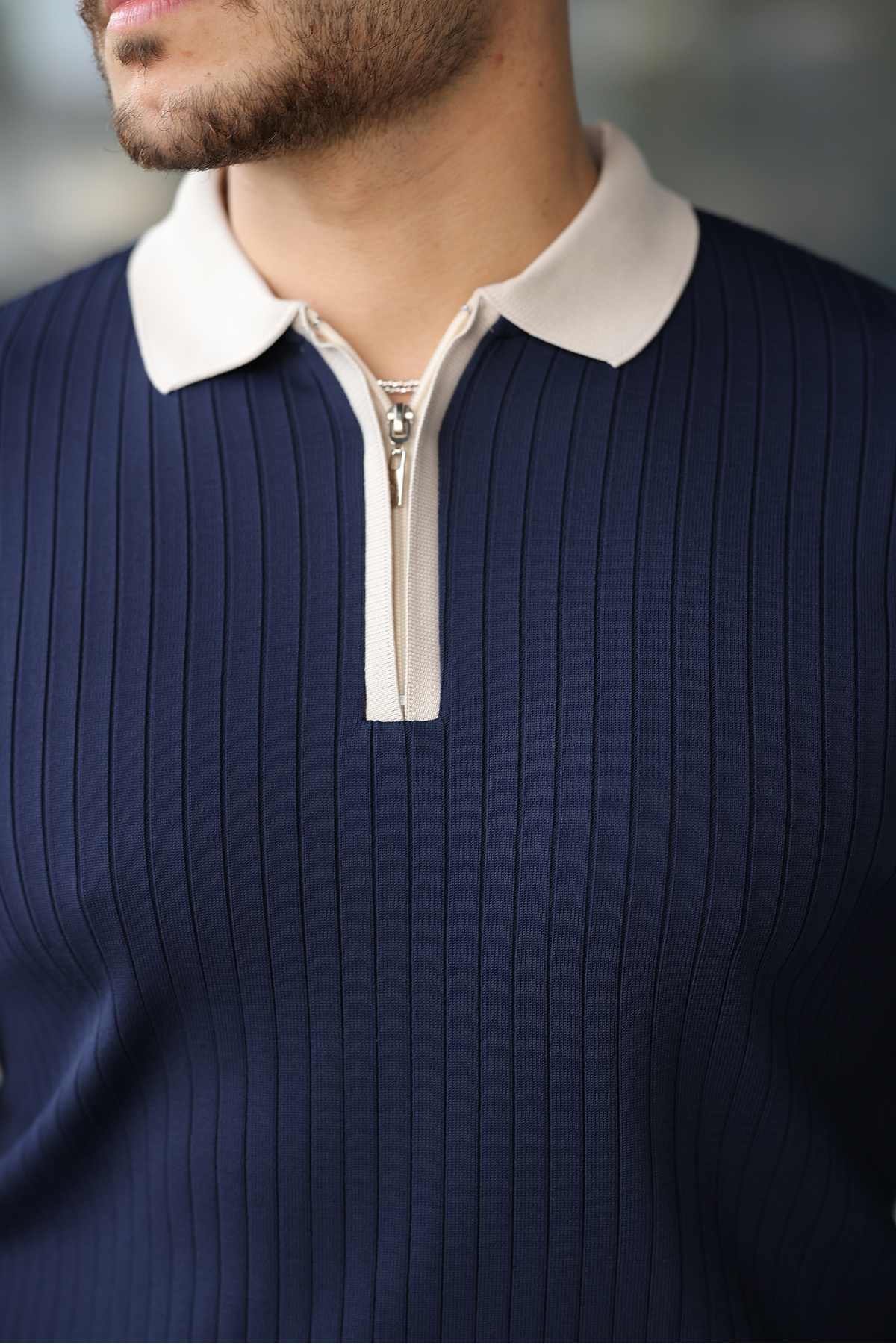 viyamen Erkek Lacivert Likralı Slim Fit Yarım Fermuarlı Triko Kazak görsel 6