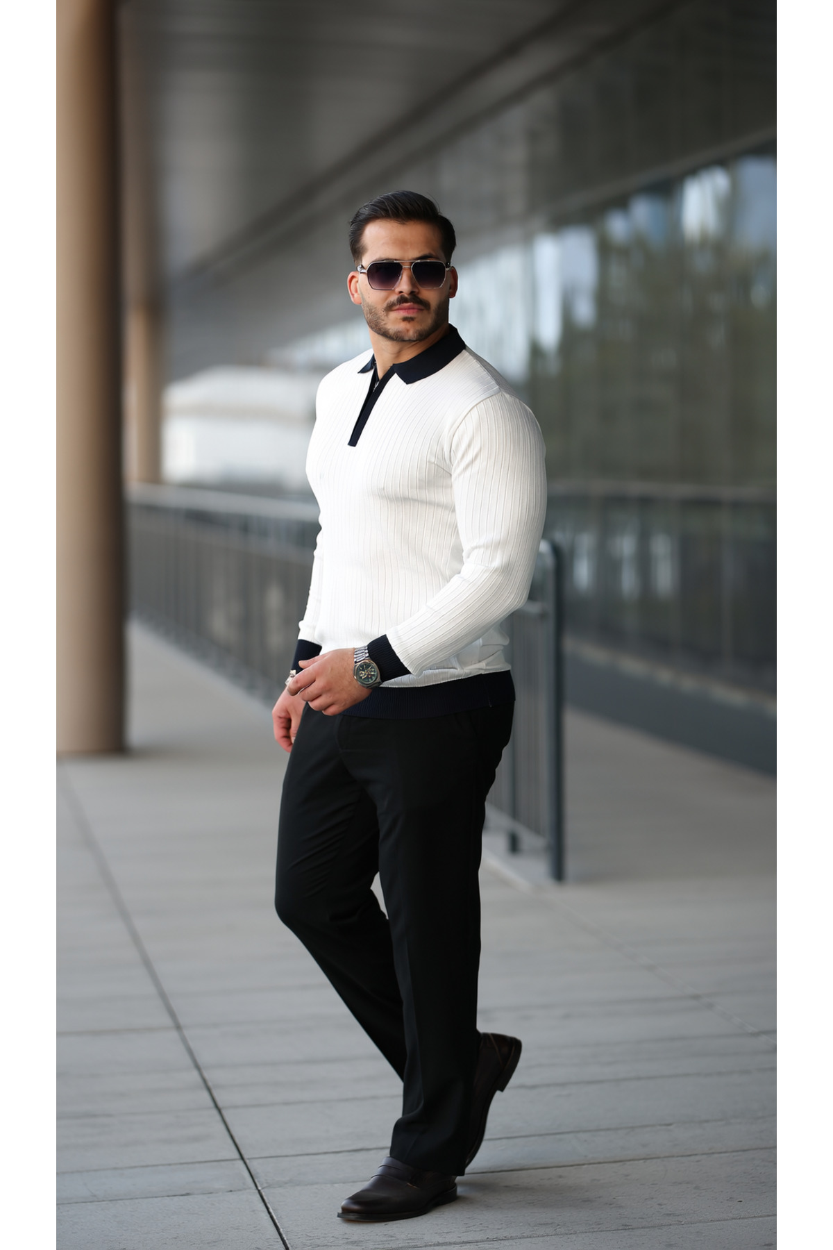 viyamen Erkek Beyaz Likralı Slim Fit Yarım Fermuarlı Triko Kazak görsel 3