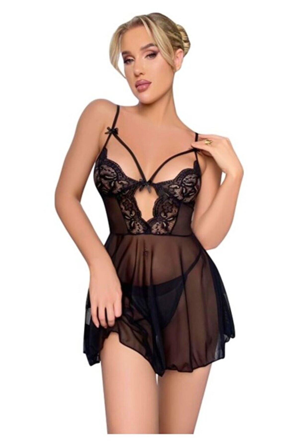 icselcazibe İnce Askılı Dantel Garnili Tül Gecelik