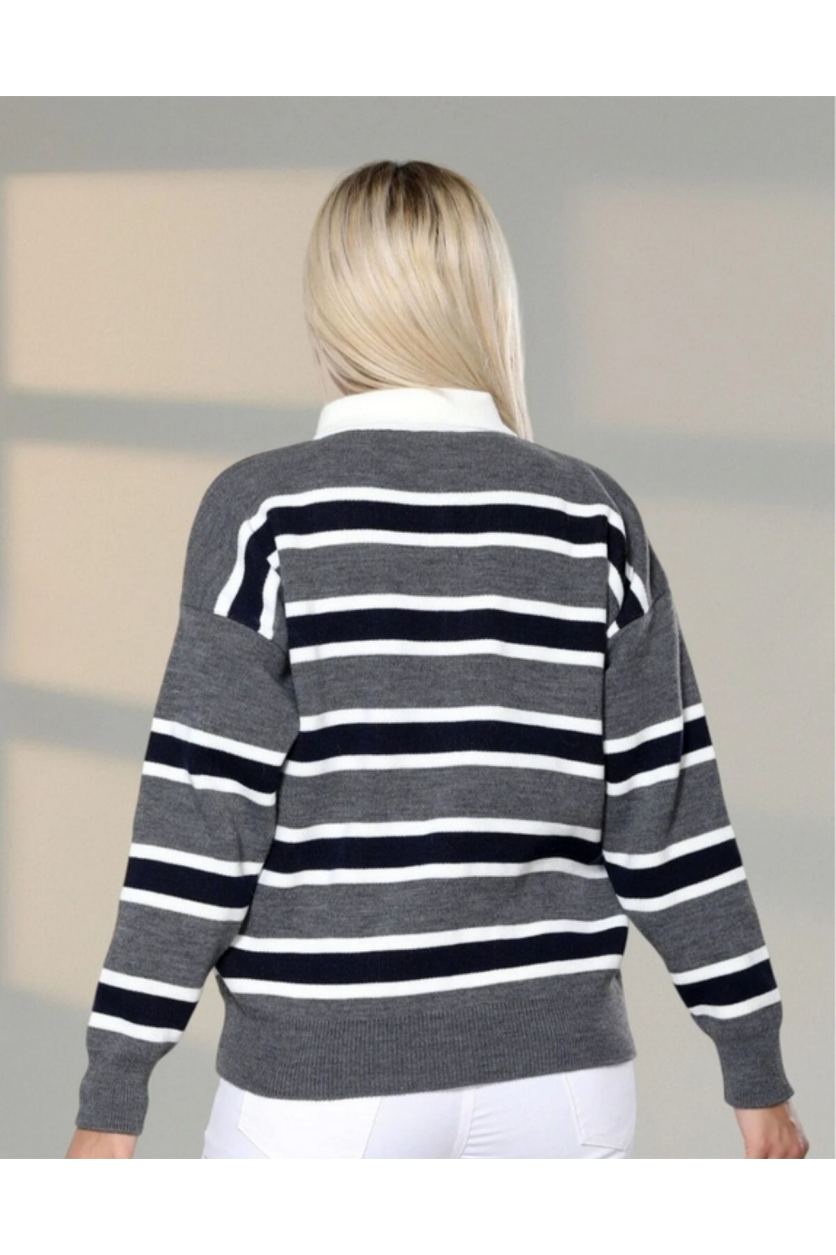 MODASPARK  Antrasit Çizgili Polo Yaka Düğmeli Kadın Triko Kazak - Görsel 2