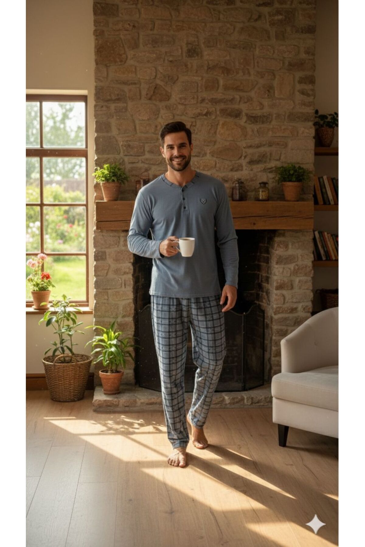 Huq Moda Men's Indigo Buttoned Pajama Set | Plaid Bottom, Premium Comfortable Fit, Stylish Home & Sleep Wear