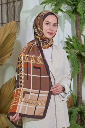 Loryan Scarf Dıamond Şal Pamuklu İpek Baskılı- Dıamond Ekose Zincir Şal KİREMİT