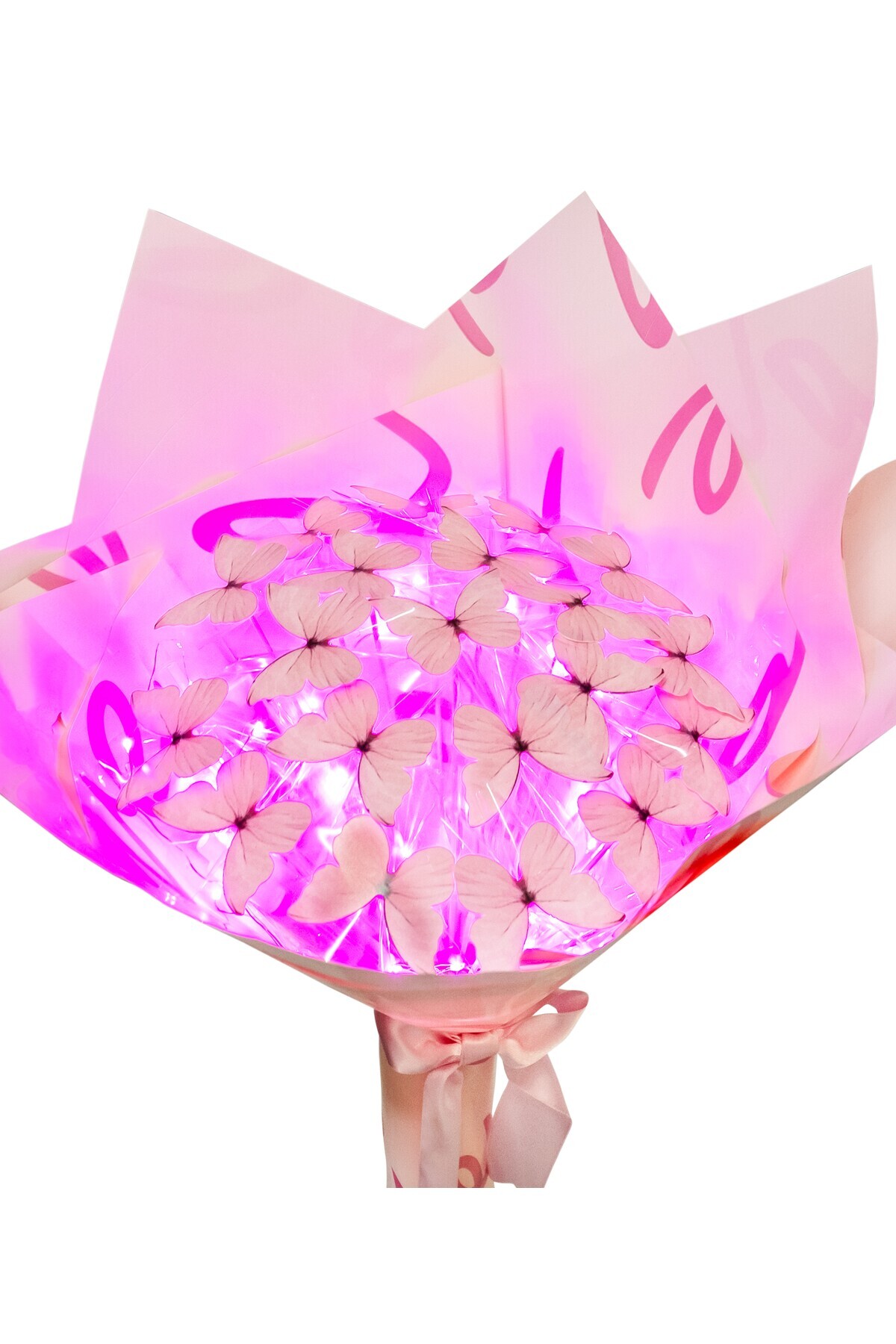 Tosbiş Led Işıklı Pembe Kelebek Buketi Love Sevgiliye Hediye Doğum Anneler Günü Yapay Çiçek Solmayan Anneye