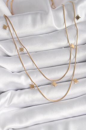 OceanDesign Çelik Gold Renk Zincir 2'Li Kutup Yıldızı Model Kadın Kolye