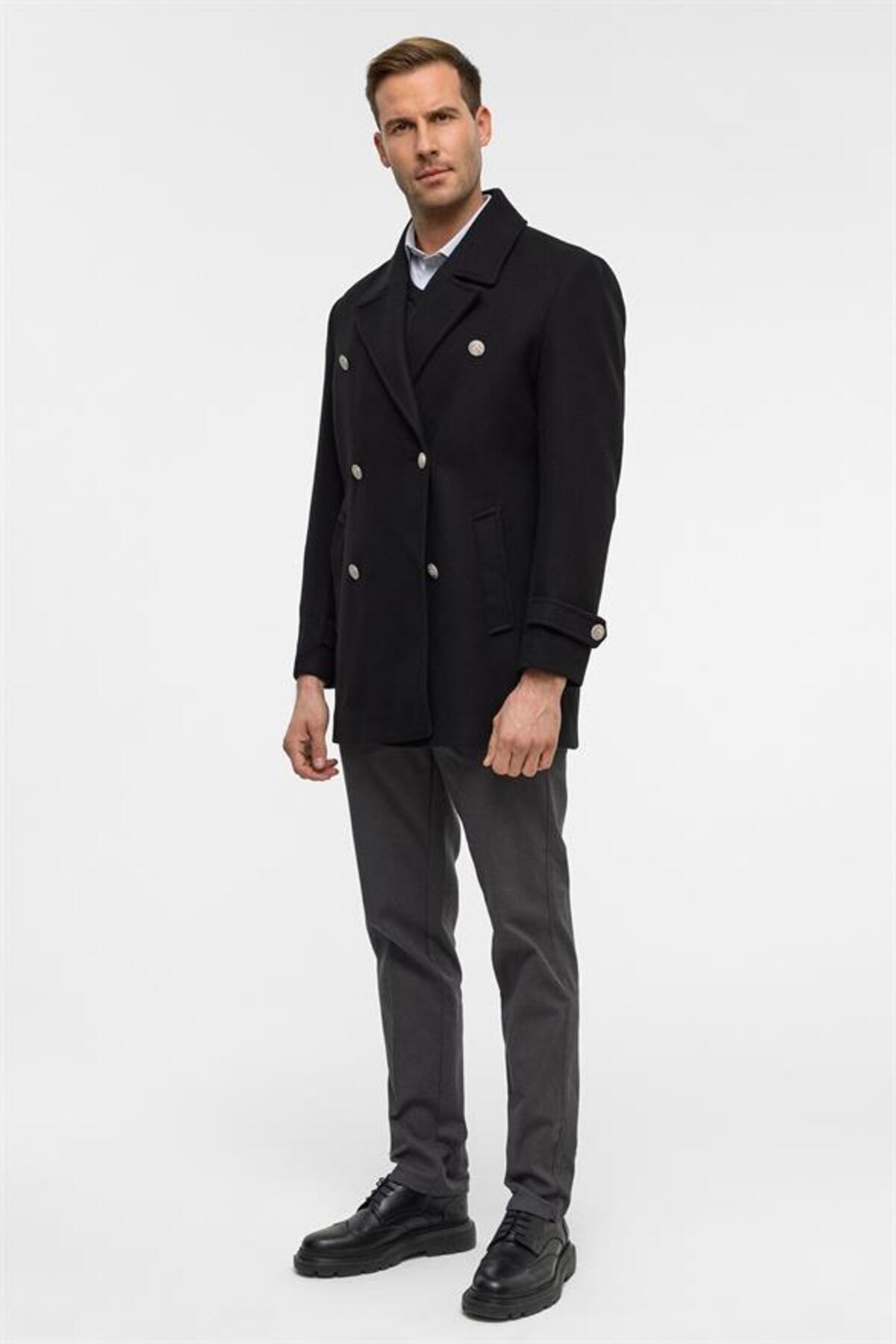 SÜVARİ  Siyah Slim Düz Kruvaze Yaka Kaban - Görsel 8