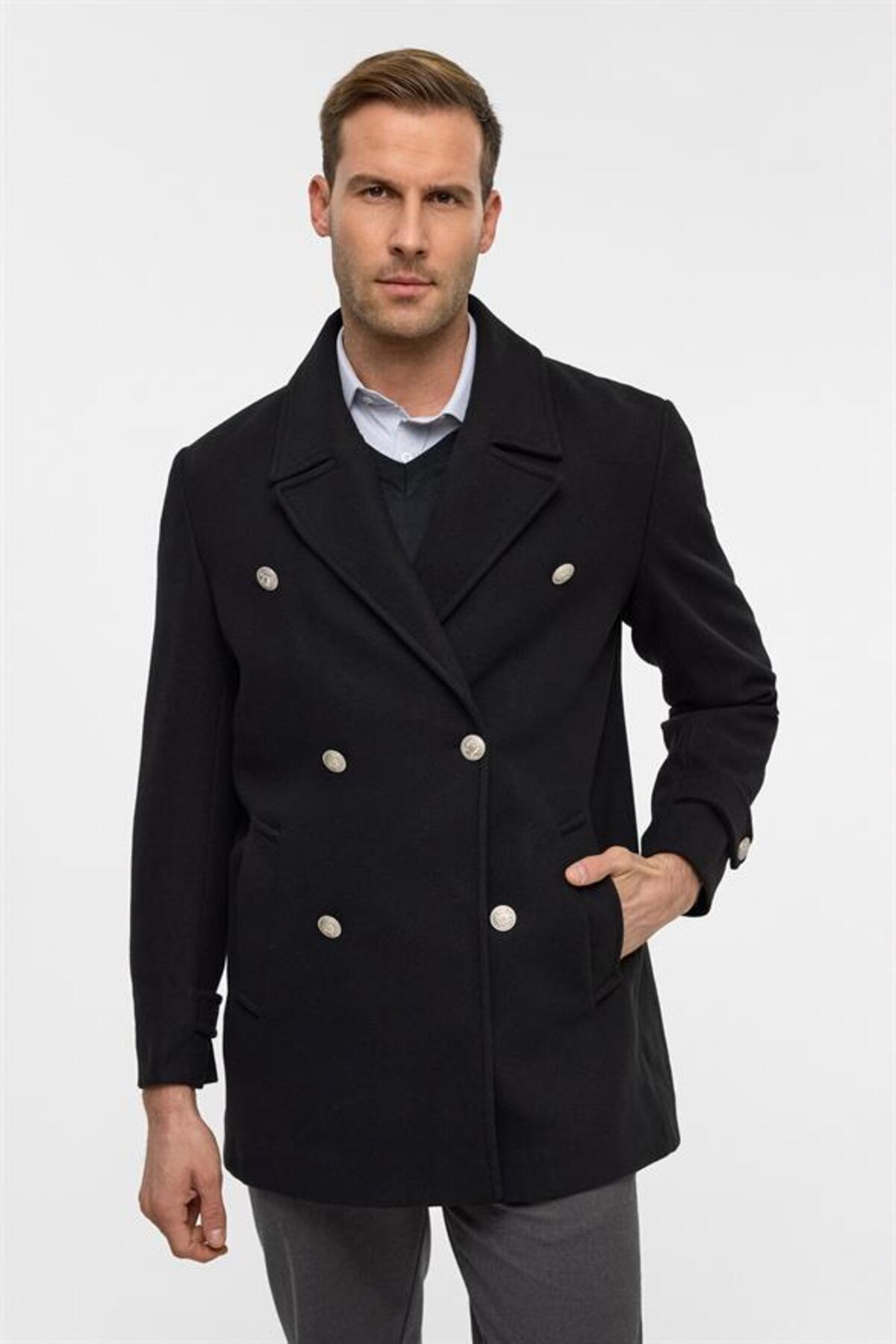 SÜVARİ  Siyah Slim Düz Kruvaze Yaka Kaban - Görsel 2