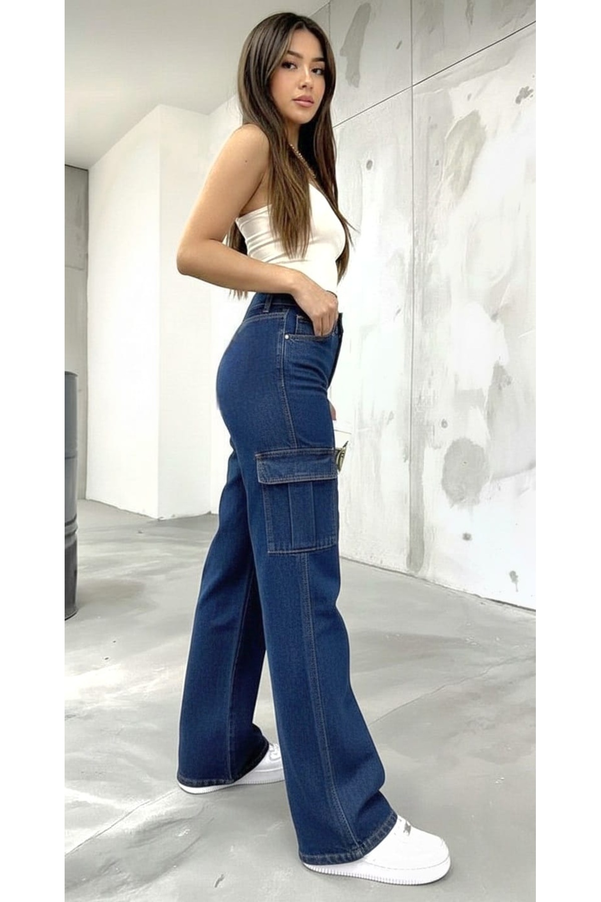 NWC  Lovrens 90`s Likralı Salaş Kadın Koyu Mavi Arka Cepsiz Süper Yüksek Bel Jean Kot Pantolon