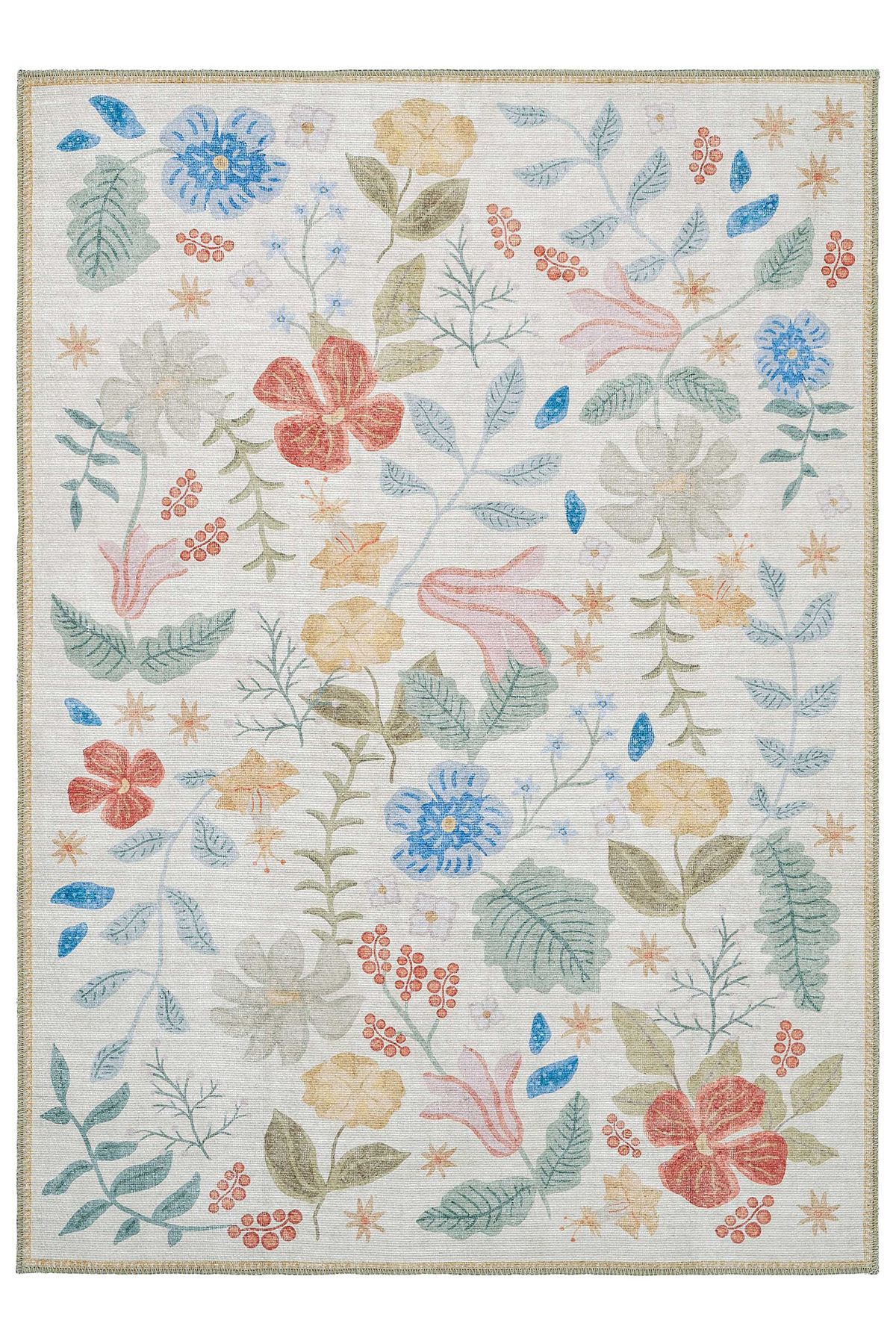 Florence Cream Pink Floral Decorative Thin Washable Chenille Woven Living Room Rug