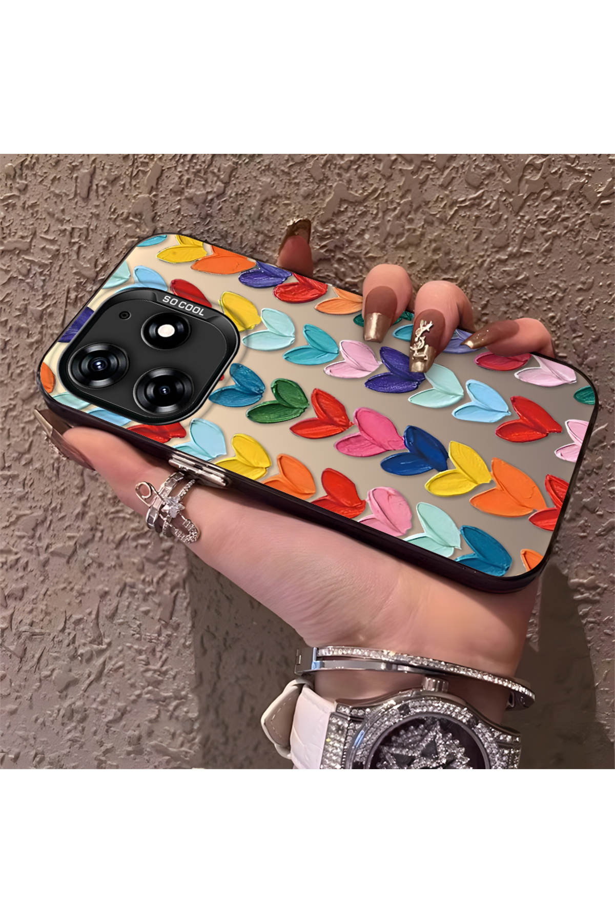 Tecno Spark 10 Pro Compatible Silicone Edge Hard Back Anti Fall Pouch Colorful Heart