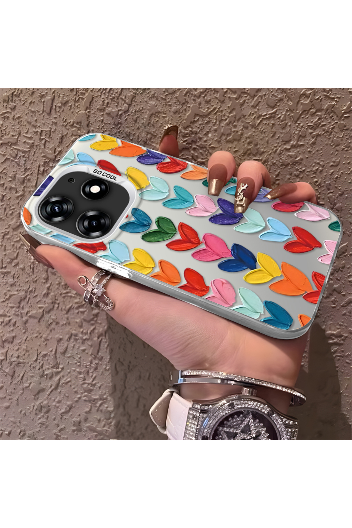 Tecno Spark 10 Pro Compatible Silicone Edge Hard Back Anti Fall Pouch Colorful Heart