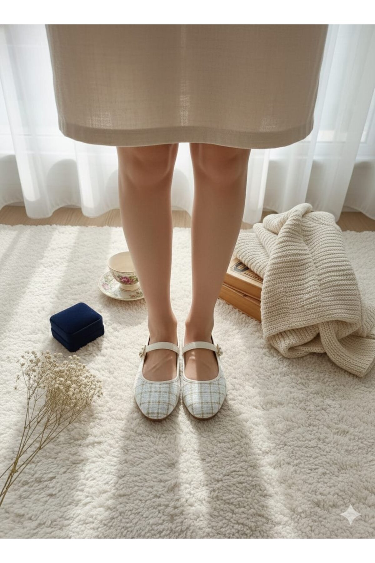 Slipcat  Tüvit Kumaş Mary Jane Babet Şık Tokalı Ortopedik Taban Günlük Ayakkabı - Görsel 6