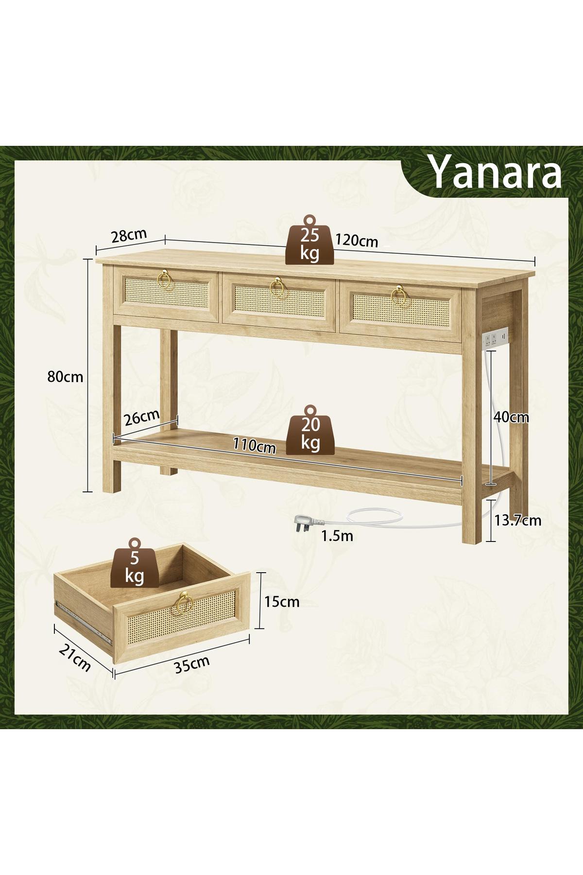 طاولة كونسول خيزران بيج مع أدراج ووحدة تخزين