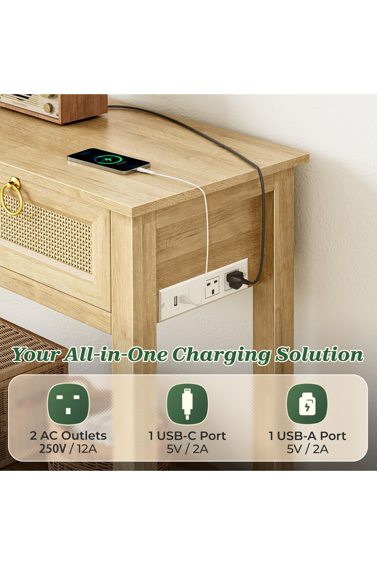 طاولة كونسول خيزران بيج مع أدراج ووحدة تخزين