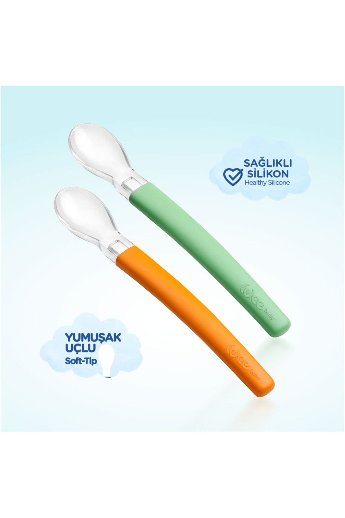 Wee Baby Silikon Uçlu 2'li Mama Kaşığı - YEŞİL- TURUNCU fotoğrafı 3 (önizleme)