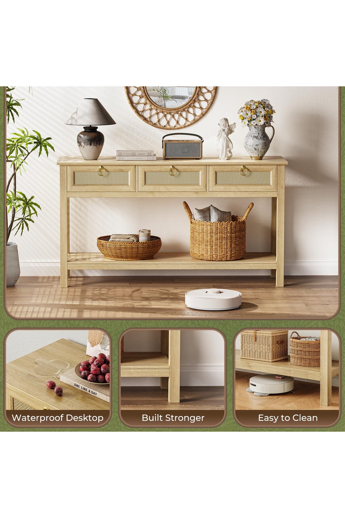 طاولة كونسول خيزران بيج مع أدراج ووحدة تخزين