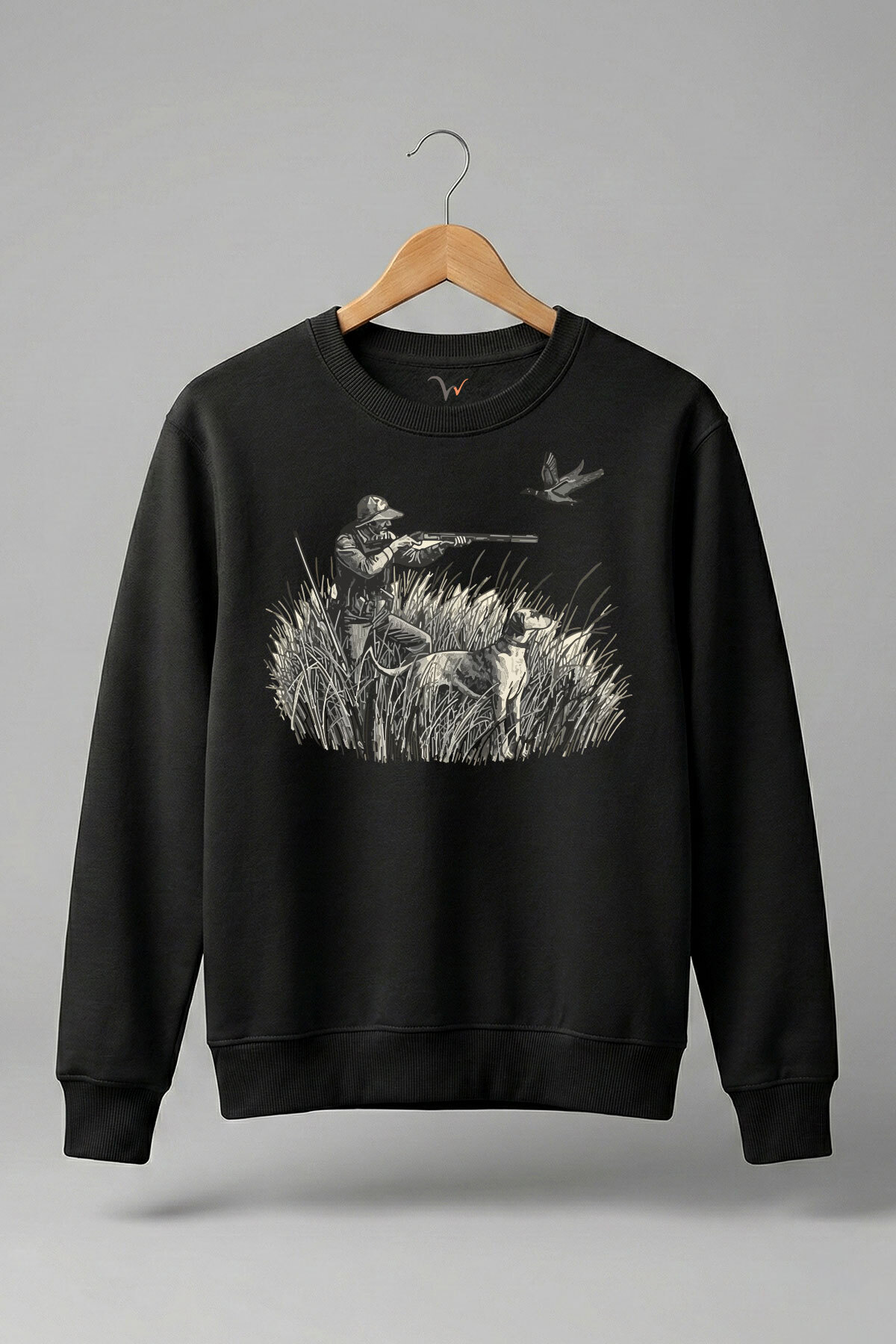 Outdoor Hunting Dog & Bird Pattern 100% Cotton Regular Fit Crew Neck 3 Yarn Winter Sweatshirt