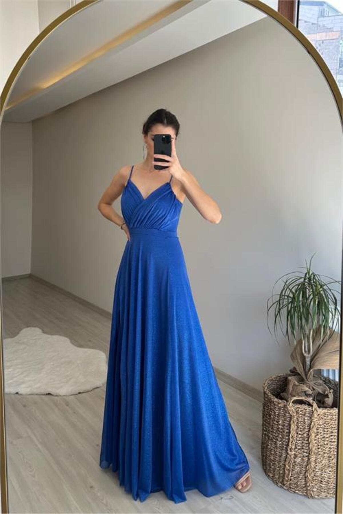 women sparkly strap slit detail chiffon evening dress NM002