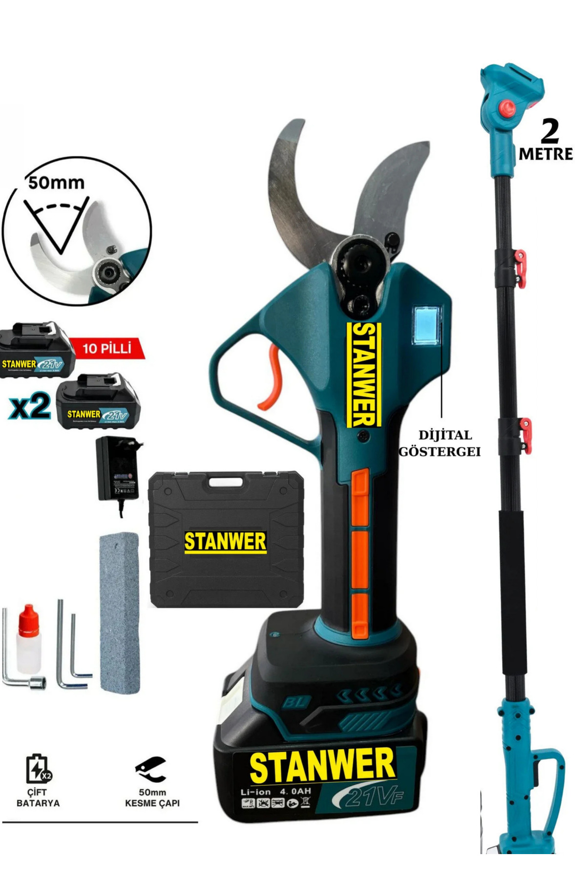 STANWER 50 MM BÜYÜK AKÜLÜ ÇELİK ŞANZUMAN ŞARJLI DAL BAĞ BUDAMA
