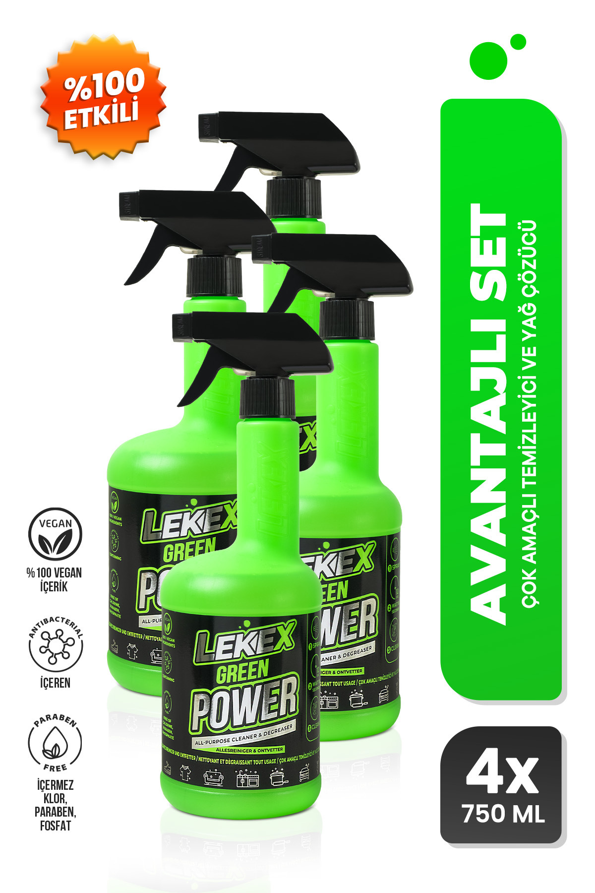 Pimoliza Lekex Green Power Çok Amaçlı Temizleyici ve Yağ Çözücü 750 ml x 4