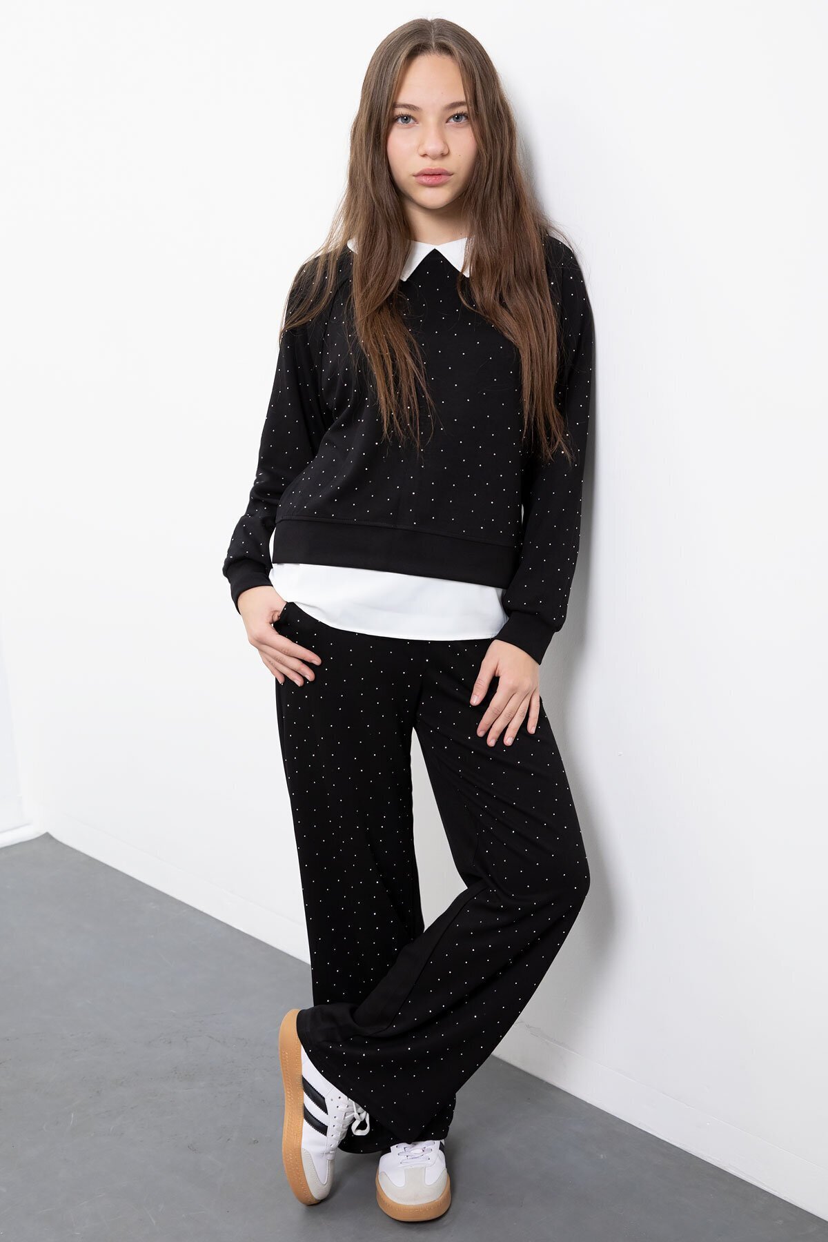 Girl's 3-Piece Shirt Set with Black Stone Detail Pants 23477