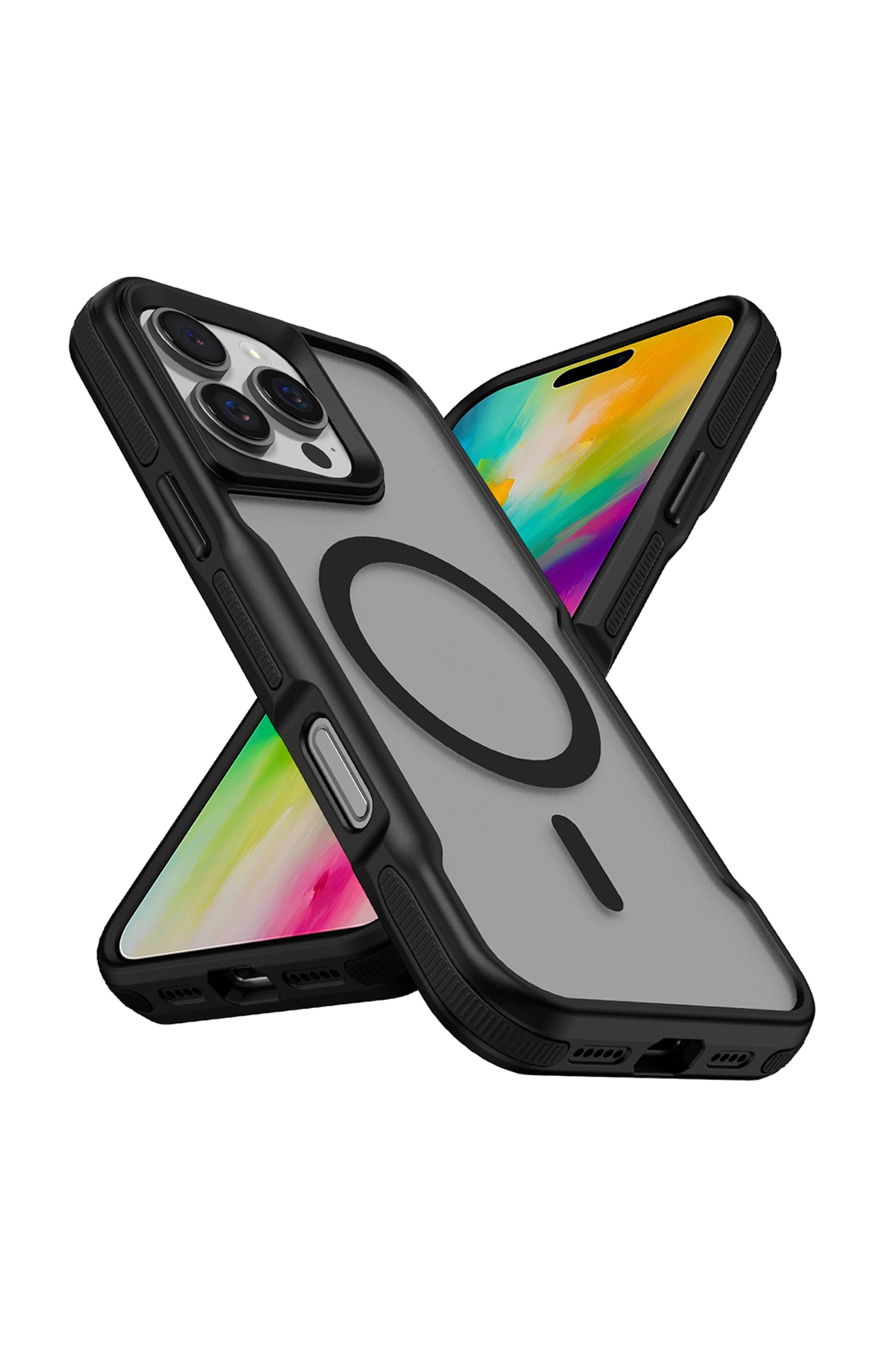 iPhone 16 Pro Uyumlu Magsafe Şarj Özellikli Renkli Kenar Airbag Şeritli HRMN Lamer Kapak-Siyah
