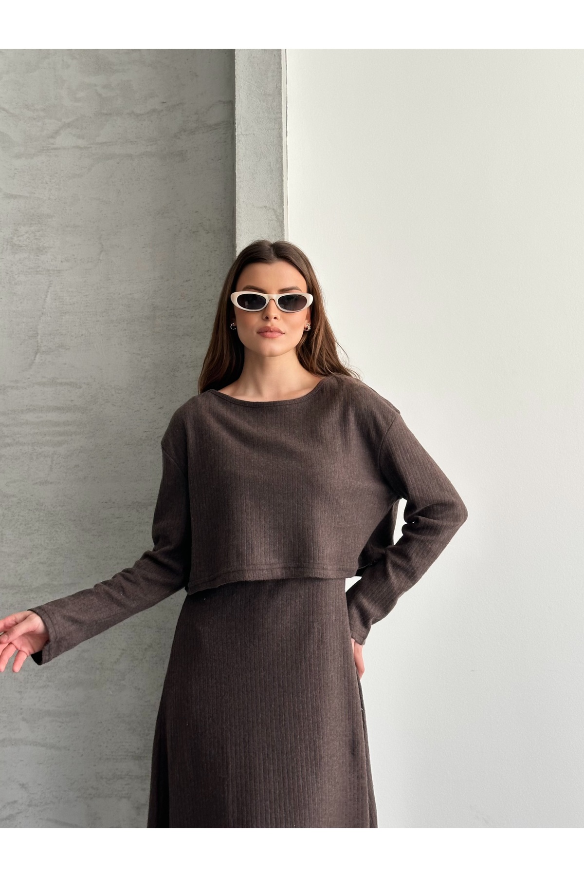 eyyebelle  Kadın Şardonlu Elbise Crop Bluz İkili Takım - Görsel 6