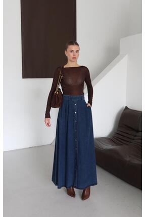 RUVA BUTİK Yüksek Bel Cepli ve Düğmeli Denim Kot Etek