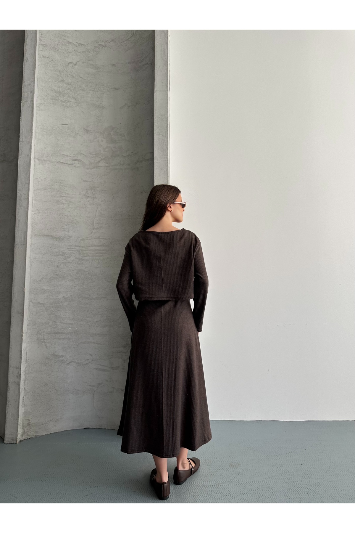 eyyebelle  Kadın Şardonlu Elbise Crop Bluz İkili Takım - Görsel 8