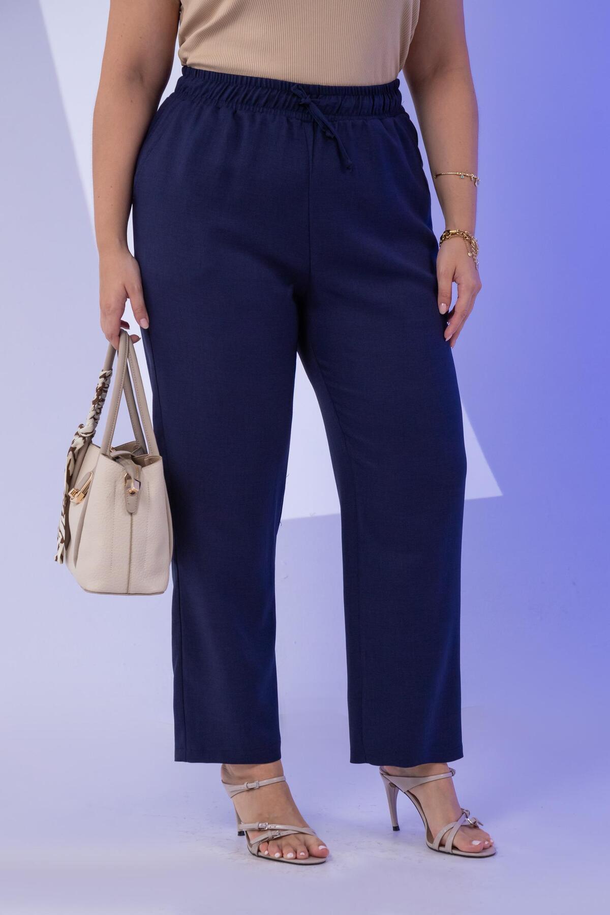 Roxxlen  333094 Kadın Büyük Beden Lacivert Keten 2'Li Takım - Görsel 7