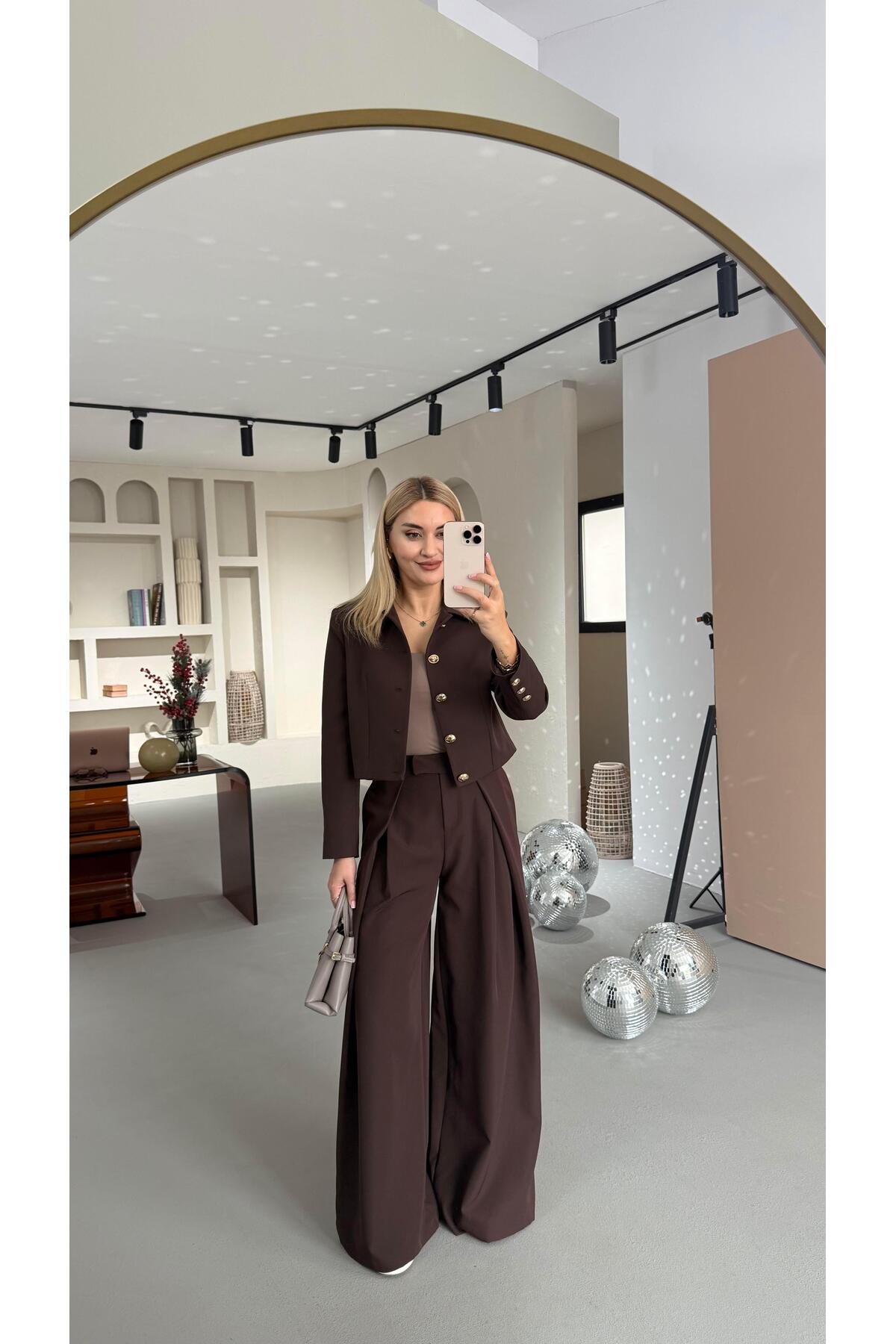 Envelope Pleat Detail Brown Palazzo Trousers