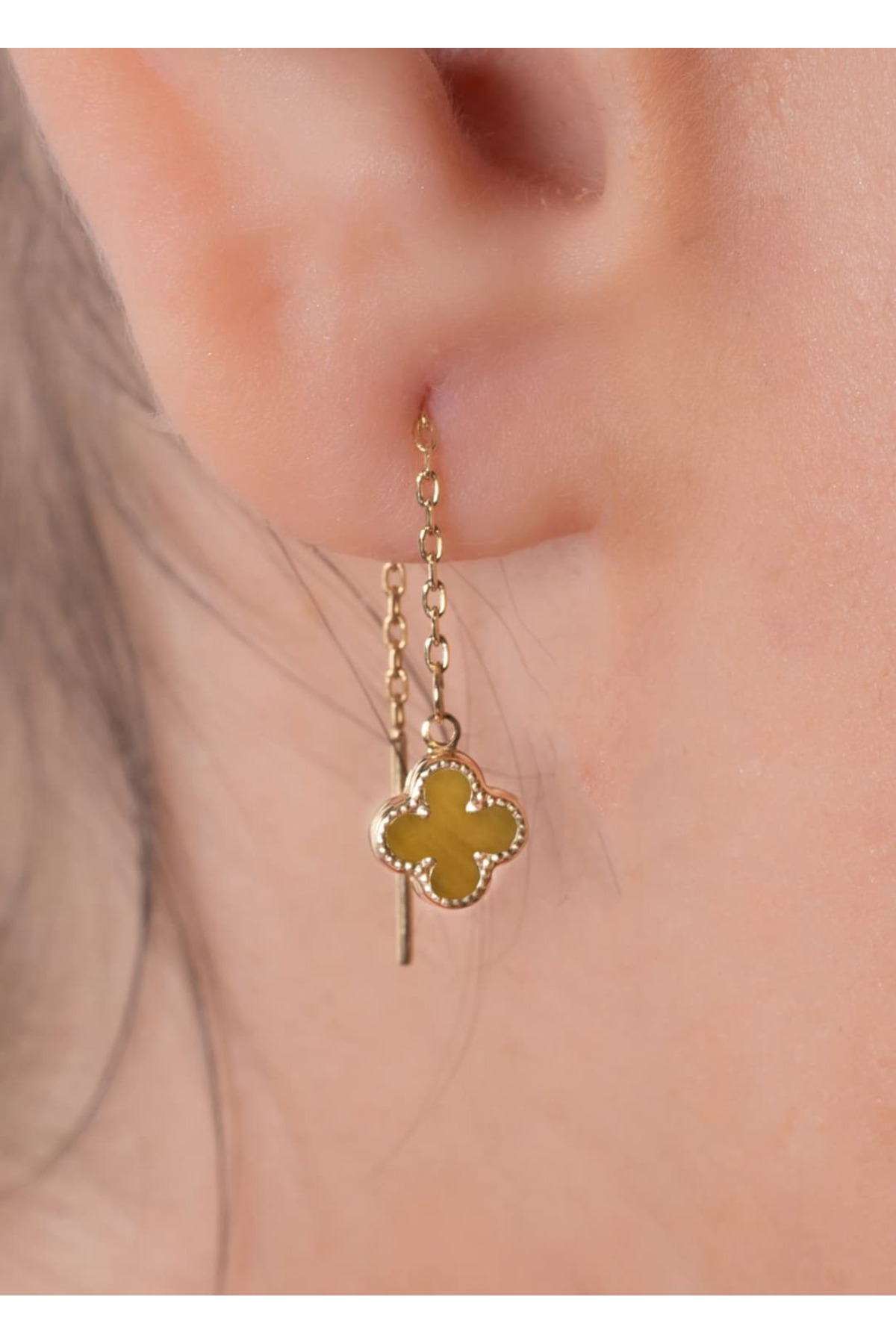 YCL JEWELLERY 14 Ayar Altın Karamel Sallantılı Yonca Küpe