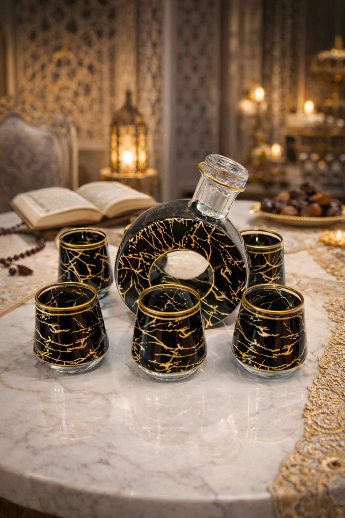 COCEM Özel Tasarım 6 Parça Zemzem Seti – Siyah Gold Cam Sürahi ve