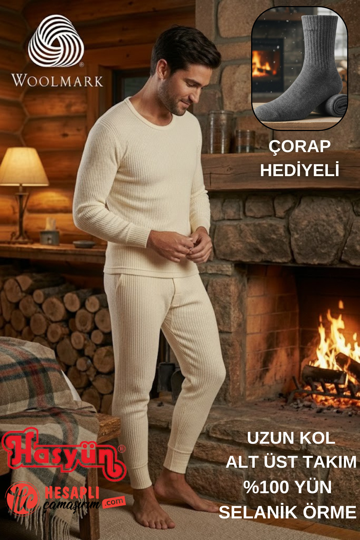 Hasyün Premium Erkek Kaşındırmaz %100 Yün Uzun Kol Alt Üst İçlik Takım Çorap Hediyeli görsel 4