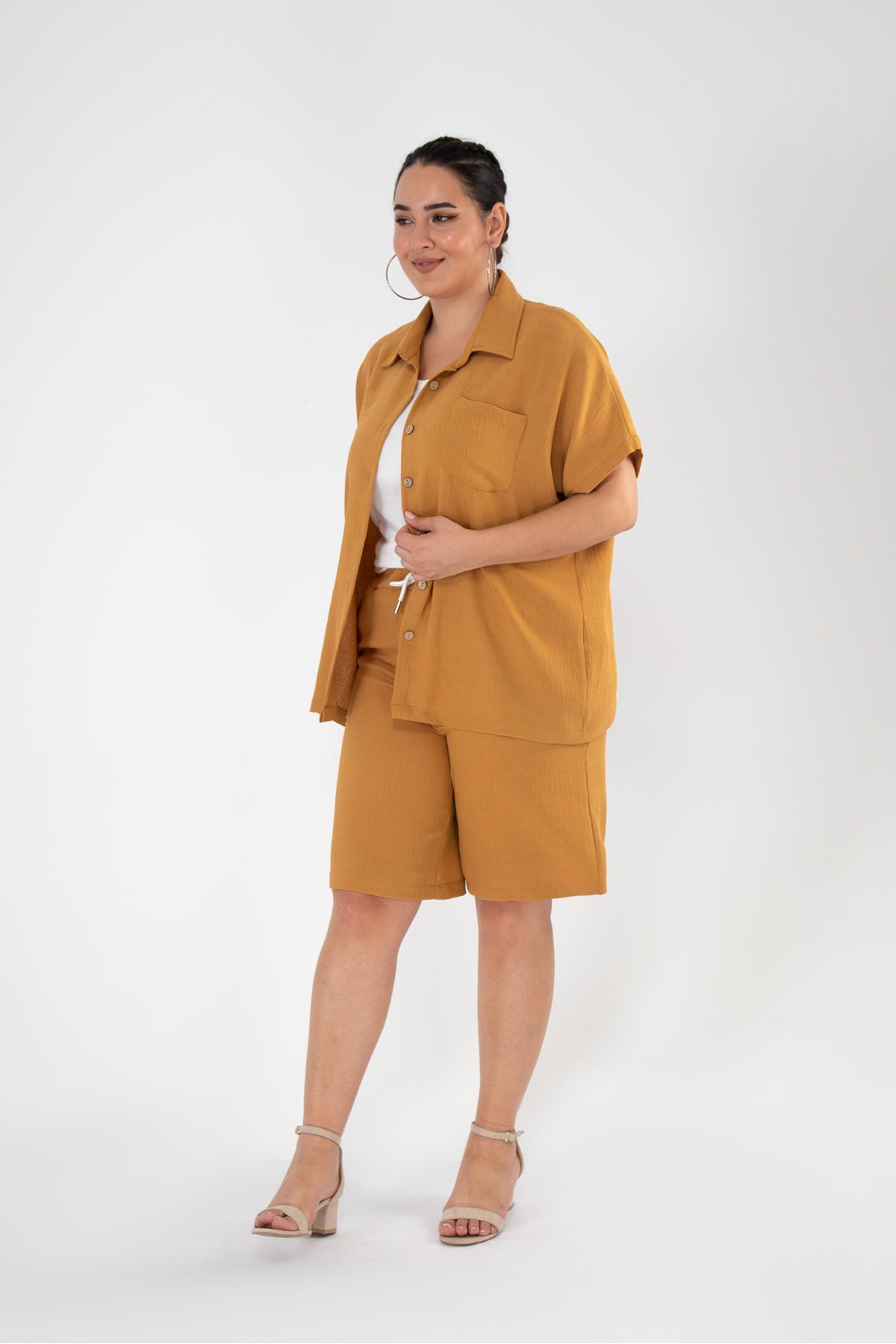 Roxxlen 111337 Kadın Büyük Beden Taba CEP DETAYLI ŞORT TAKIM