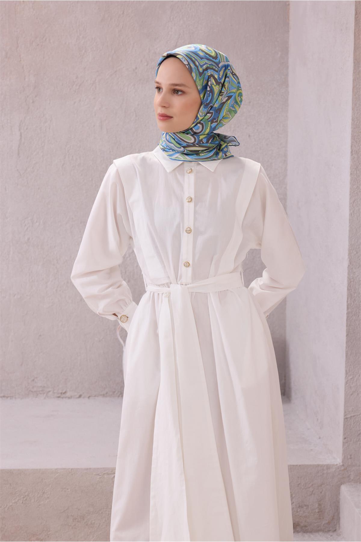 Yeşil Mavi Etnik Desen %100 Twill İpek Eşarp 4222 - 81