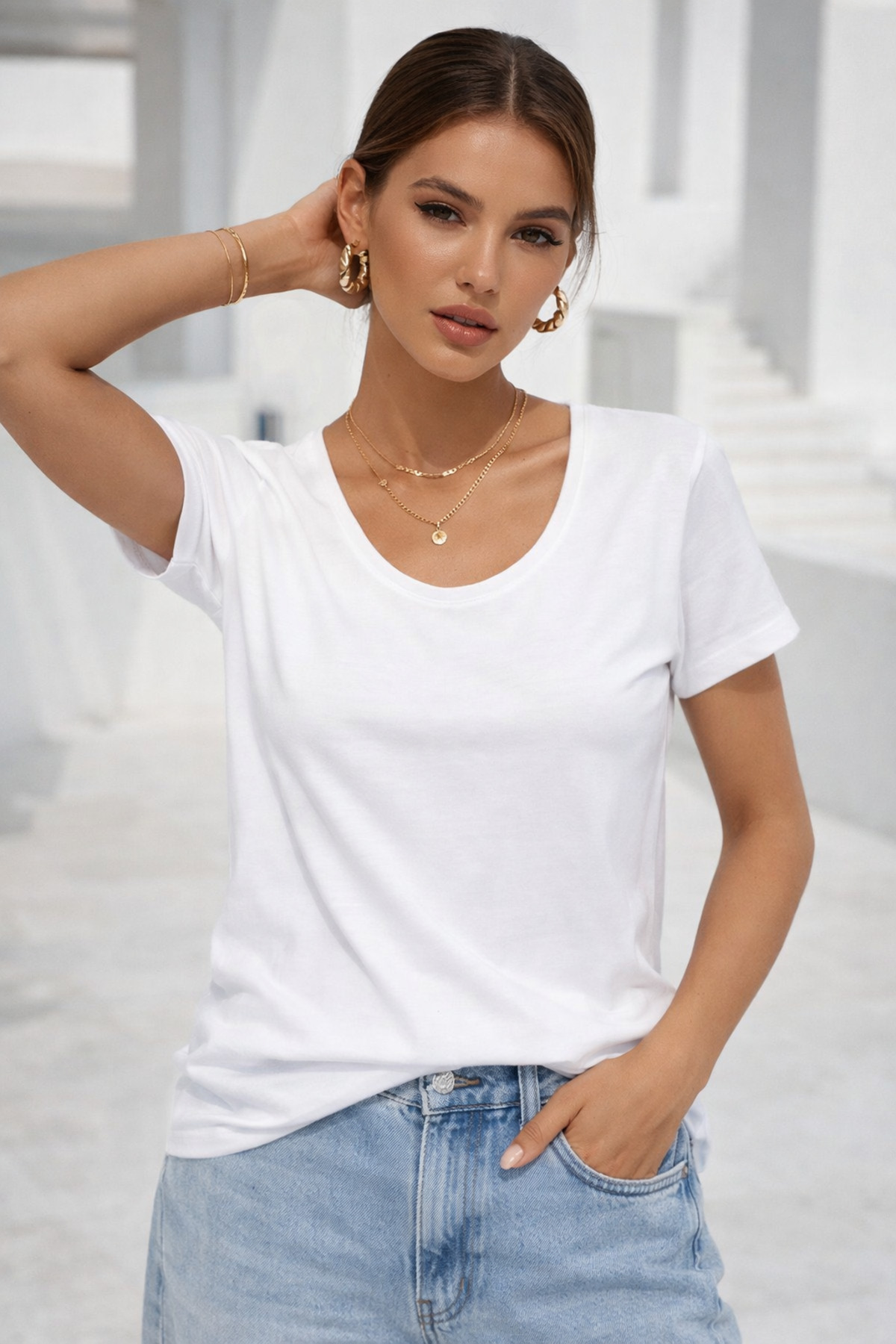 Rich  Kadın Beyaz Bisiklet Yaka Kısa Kollu Tişört - Görsel 2