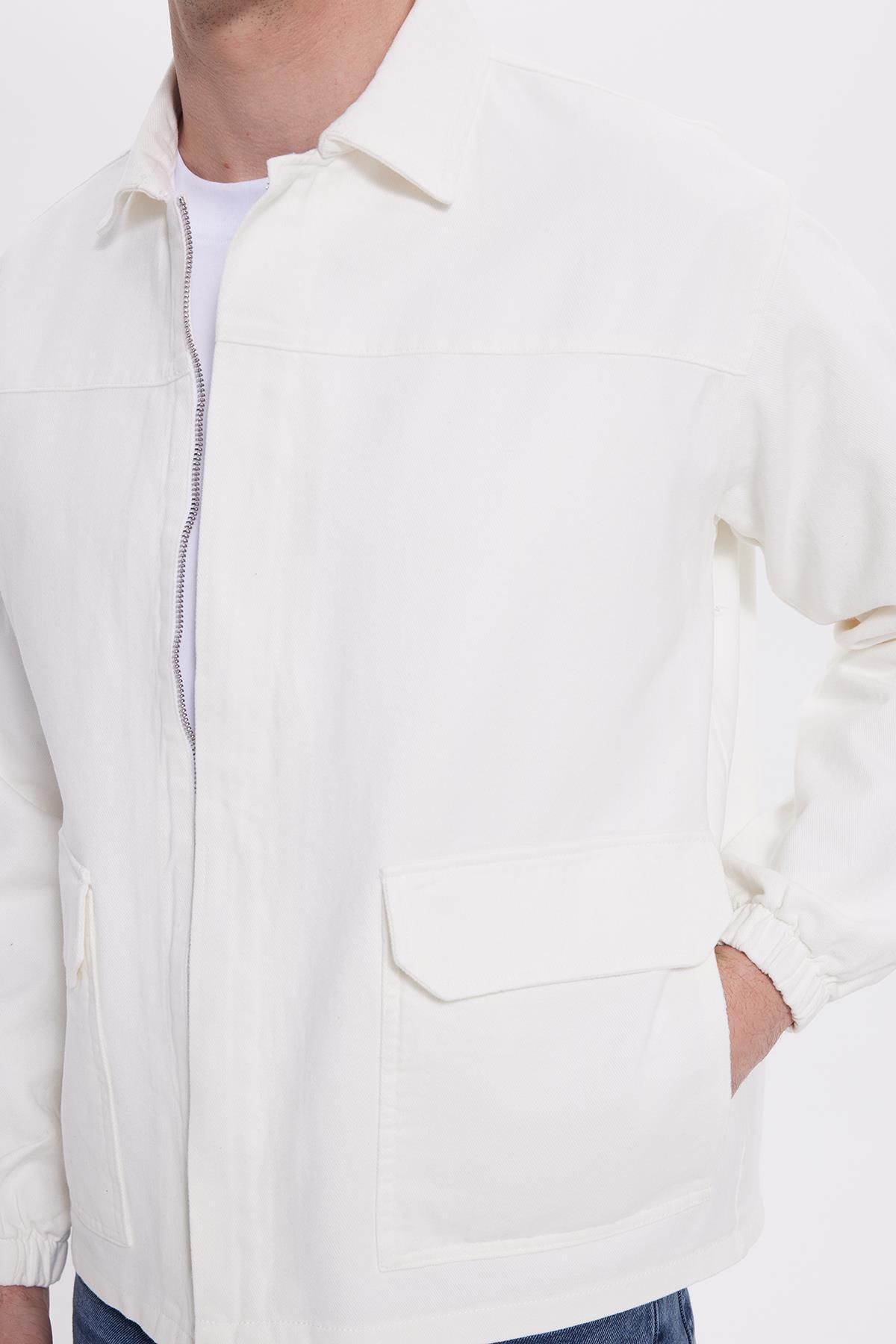 Tudors  Erkek Relax Fit Rahat Kesim Çift Cep Denim Beyaz Kot Mont Gömlek - Görsel 4