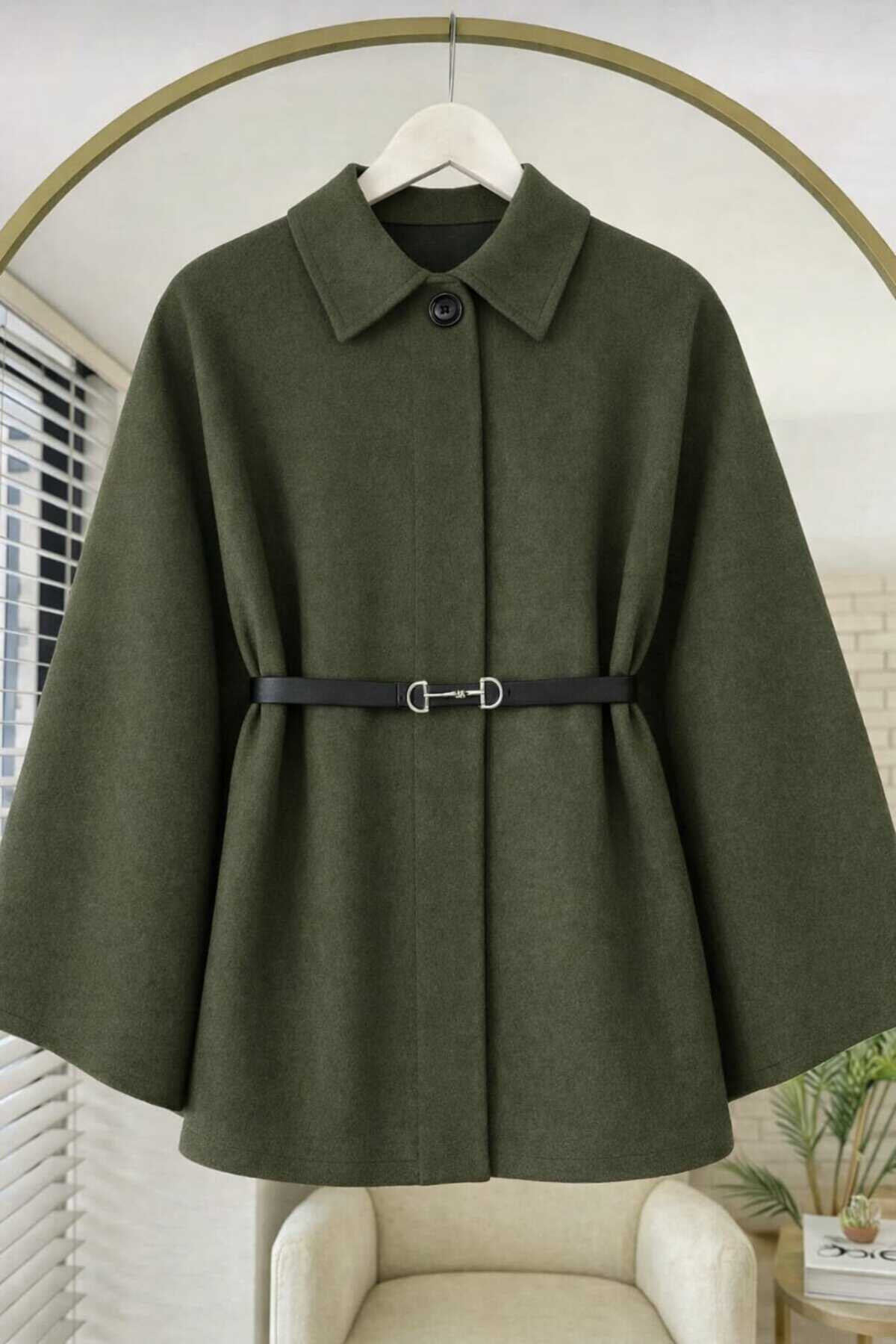 Giyim Gezegeni Haki Panço Kemerli Kaşe Kadın Kışlık Şık Oversize Panço Tesettür Tunik Yeni Sezon Rahat Modern Şık