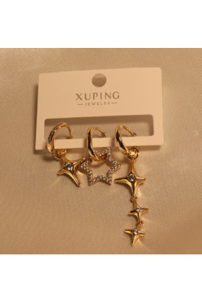 XUPING JEWELRY Xuping Altın Renk Zirkon Taşlı Asimetrik Yıldız Figürlü 3’lü H...