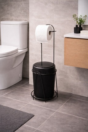 Wirewel Ayaklı WC Kağıtlığı Çöp Kovası Seti, Metal Askılı WC Kağıtlık Standı
