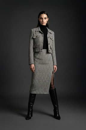 zaden Kadın Siyah Beyaz Ekose Ceket Etek Takım Yırtmaçlı Midi Etekli Şık Takım
