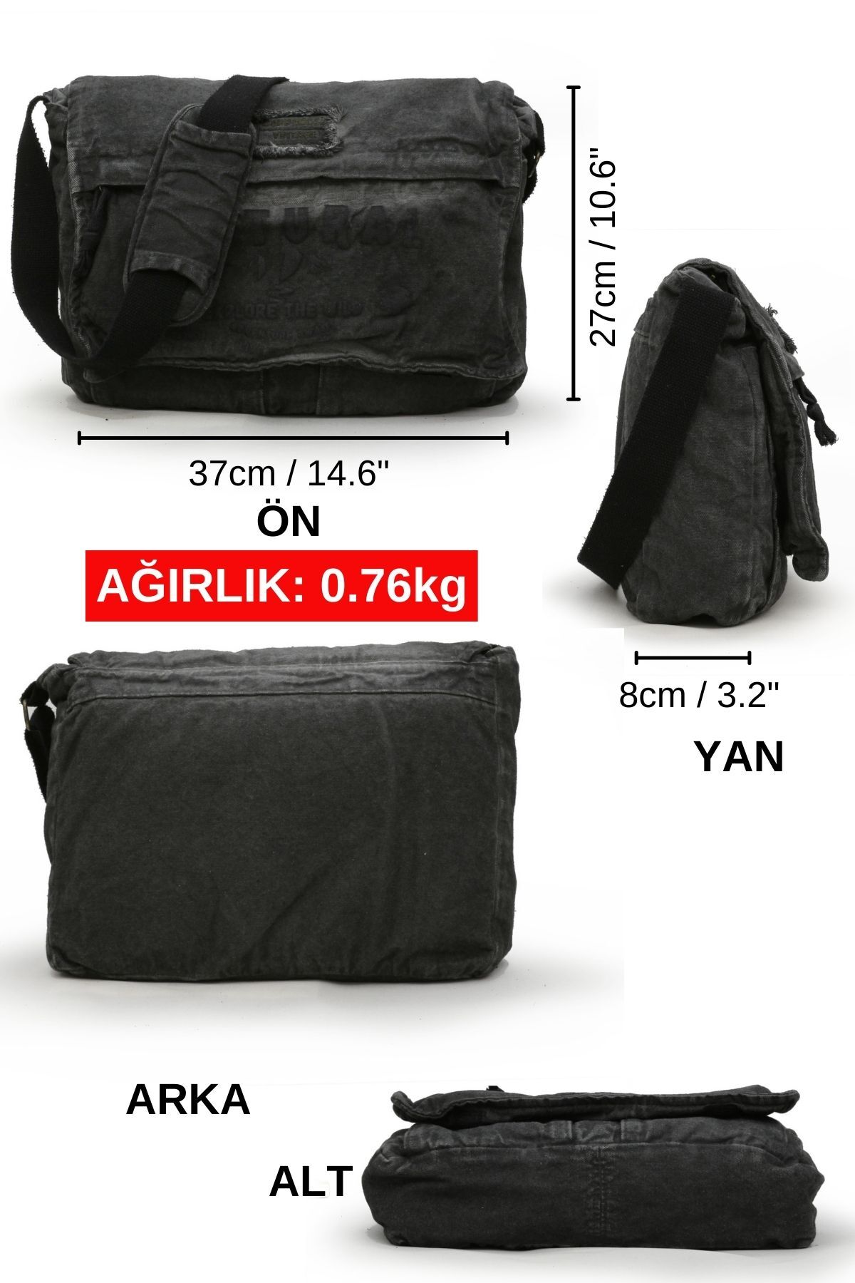 Cappadocia Vintage  4028 Siyah Salaş Omuz Çantası Pamuk Kanvas Postacı Laptop Okul Seyahat Günlük Vintage Retro - Görsel 3