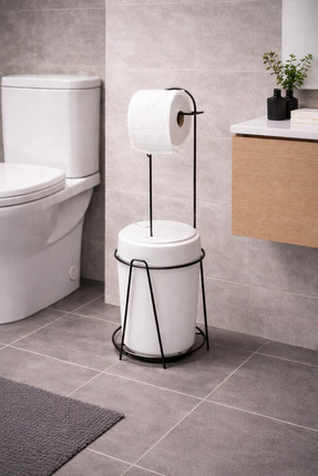 Wirewel Ayaklı WC Kağıtlığı Çöp Kovası Seti, Metal Askılı WC Kağıtlık Standı