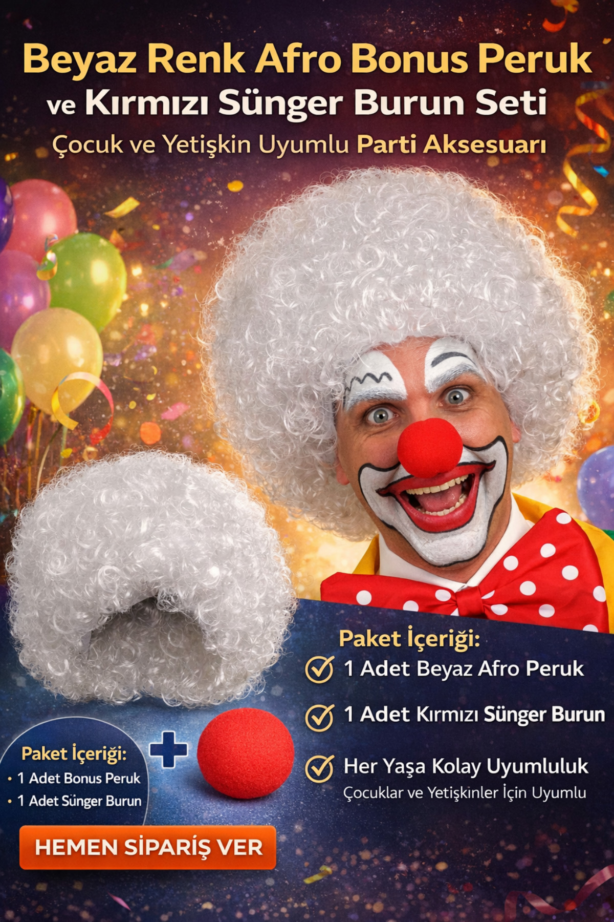 Tamsena Store Beyaz Renk Afro Bonus Peruk ve Kırmızı Sünger Burun Seti – Çocuk ve Yetişkin Uyumlu Parti Aksesuarı