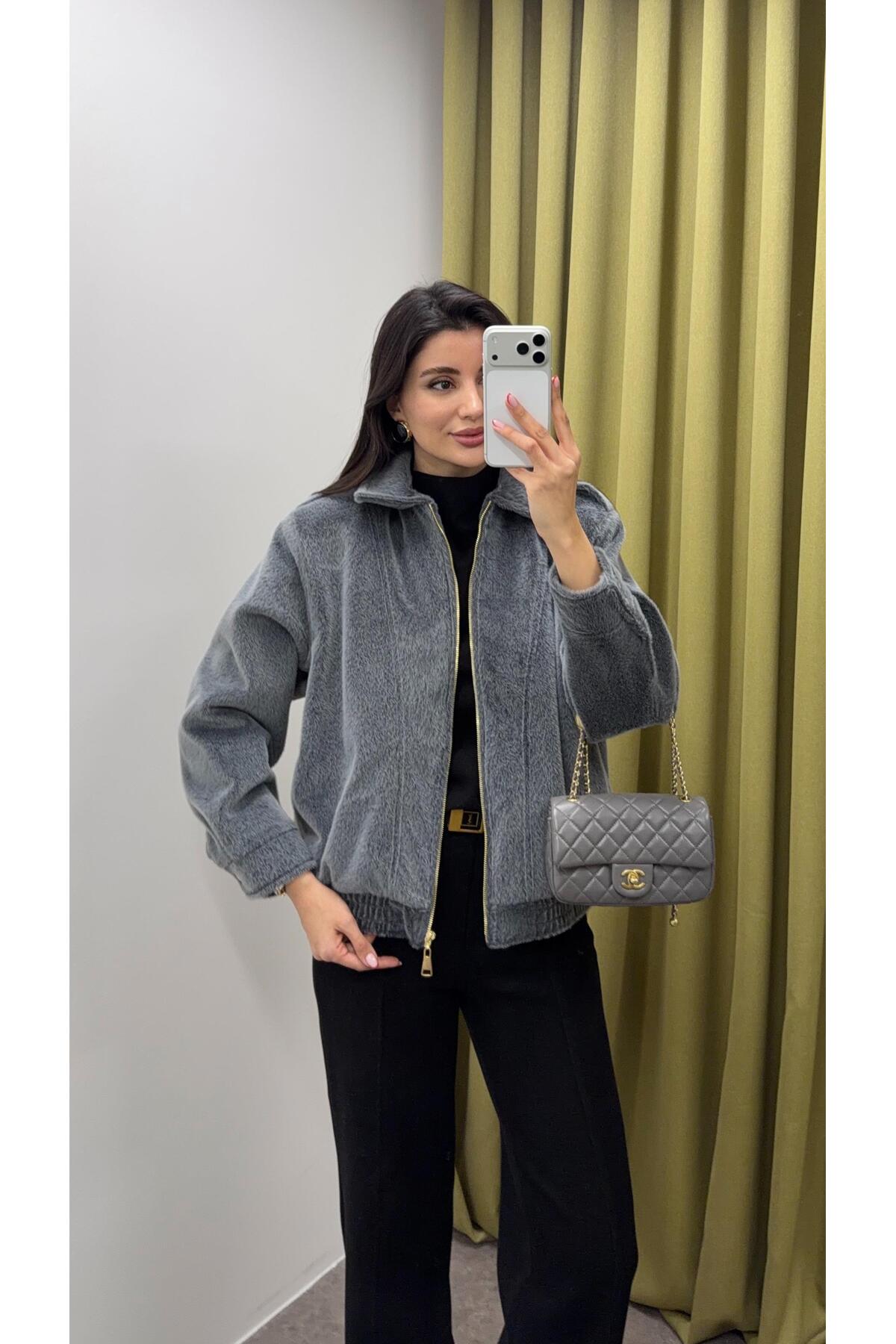 HAZELANNA  Fermuarlı Teddy Gri Bomber Ceket - Görsel 2