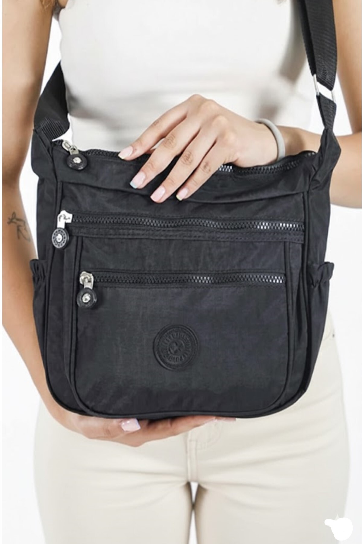FHD BAGS Kadın Su Geçirmez Krinkıl Kumaşlı 4 Bölmeli Yanları Lastikli Orta Boy Postacı Omuz Çantası görsel 2