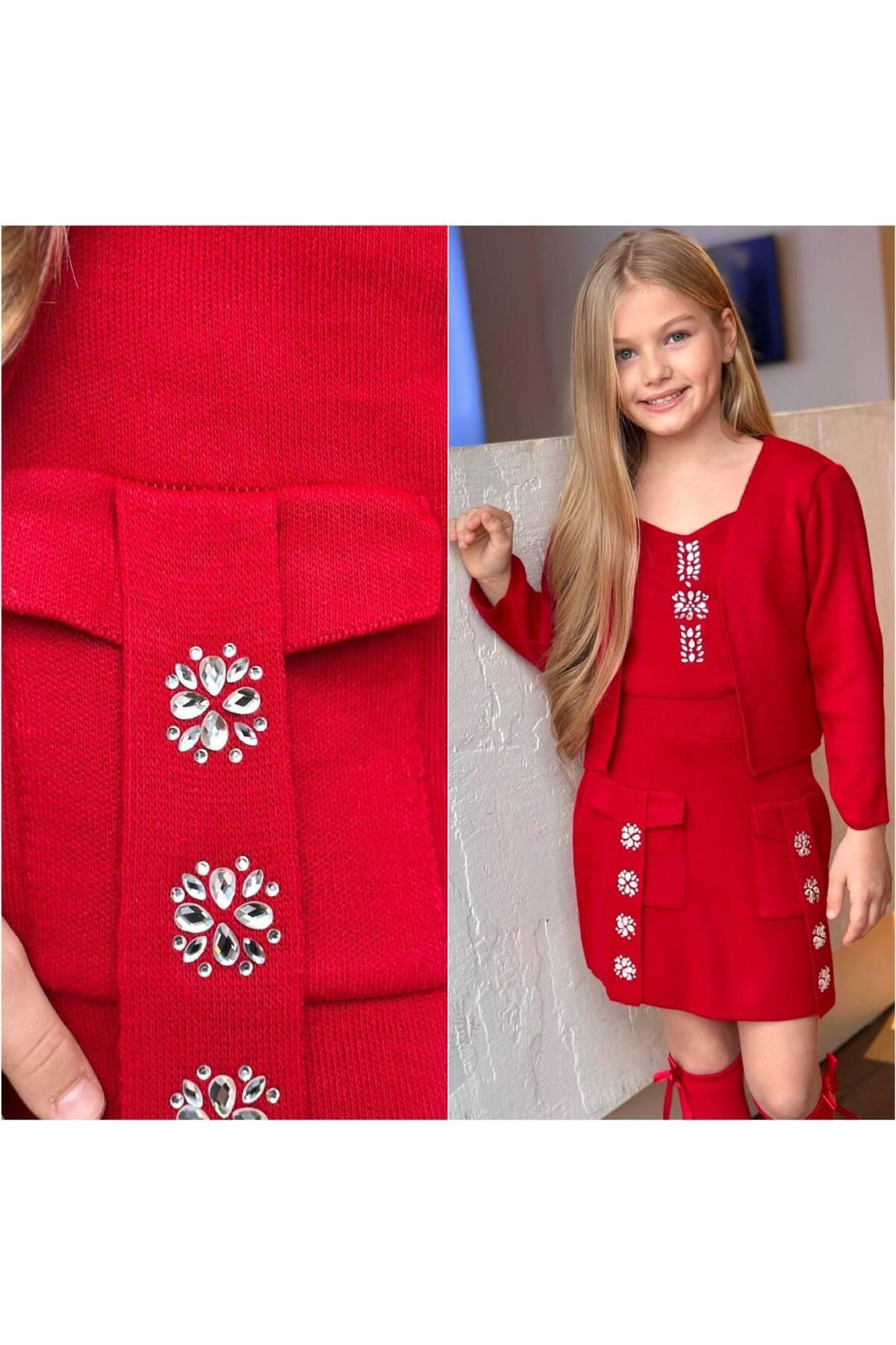 KOKOŞ BEBEK Kız Çocuk Askılı Bluz Hırka ve Elmas Taş İşlemeli Triko Etek Takım fotoğrafı 3 (önizleme)