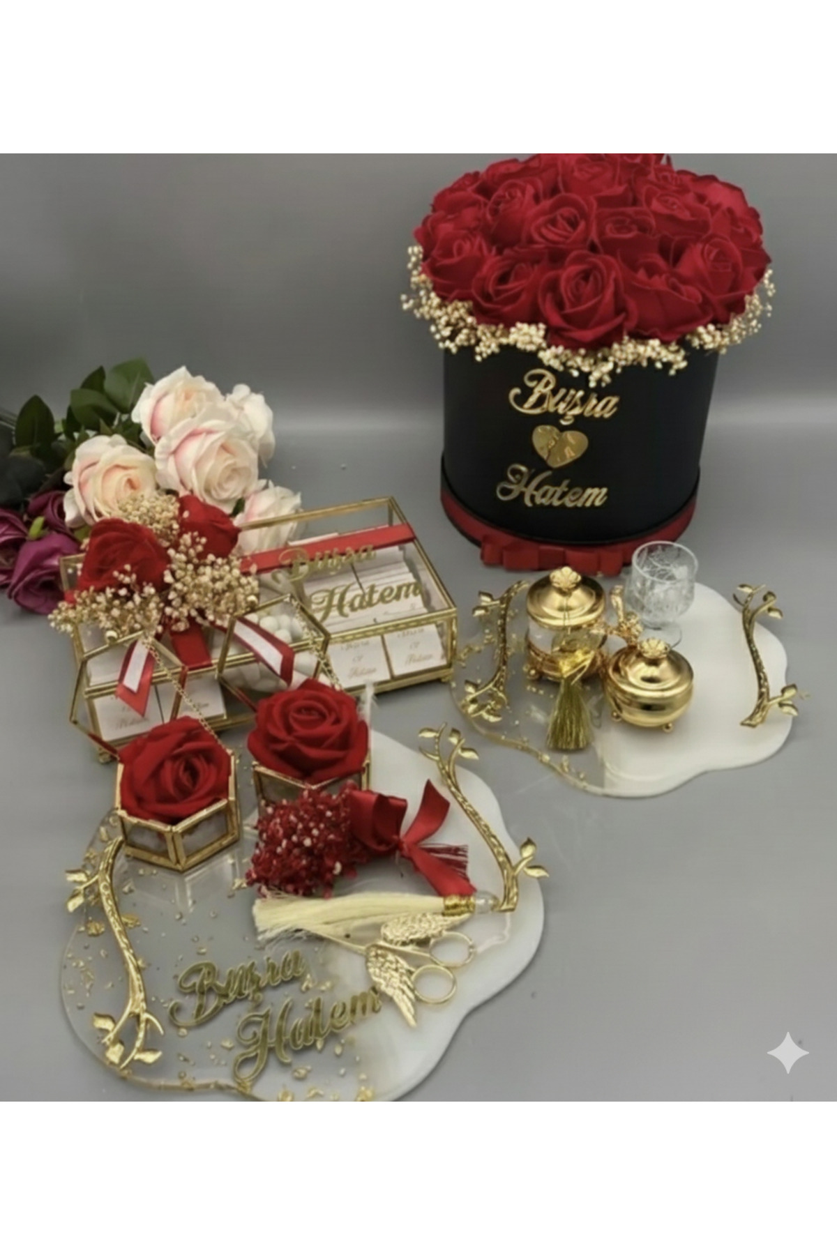 Mila Tasarım Söz Nişan Tepsisi Seti - 60 Adet Madlen Çikolatalı ve 20 Adet Kadife Güllü Damat Kahvesi Seti