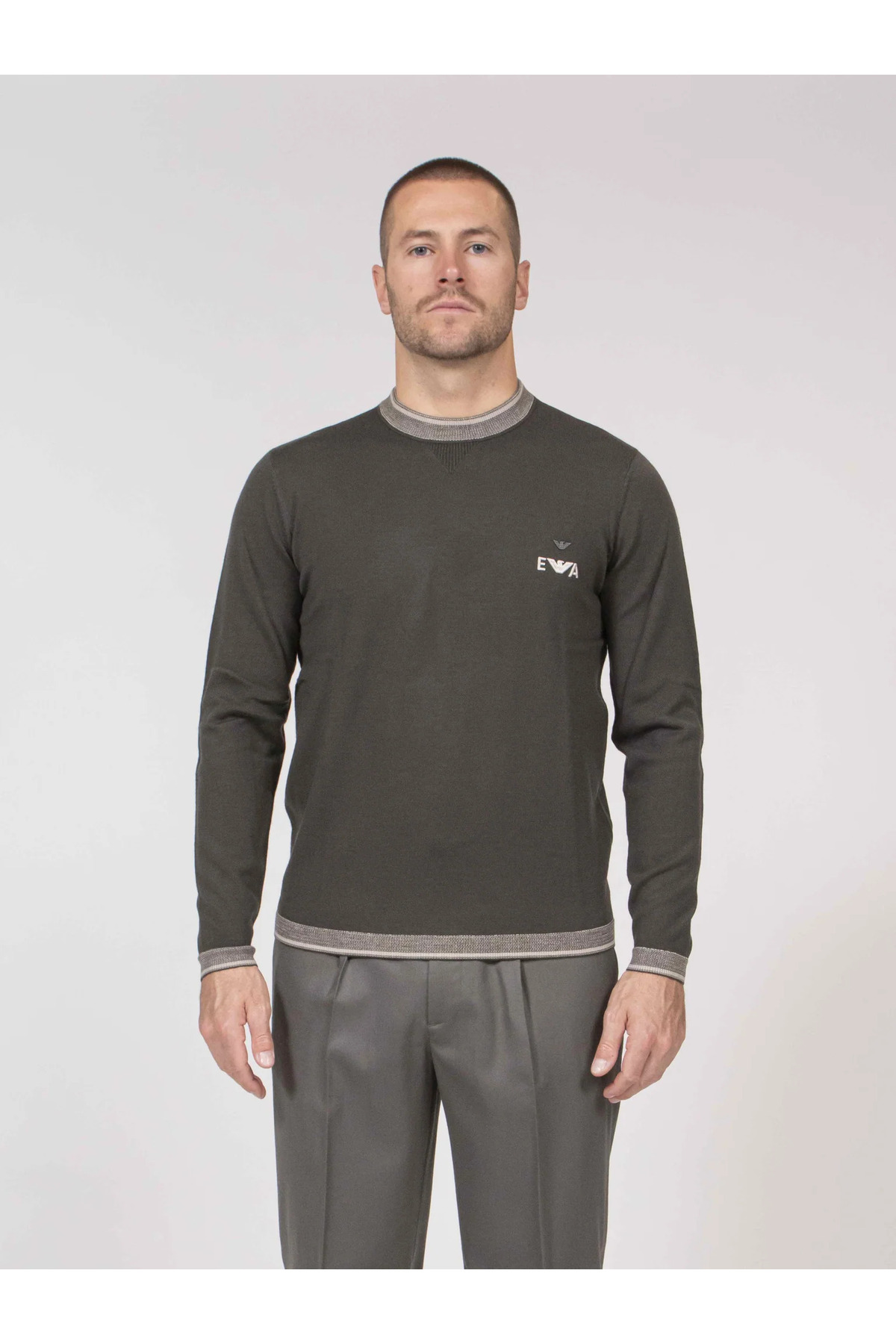 امپوریو آرمانی سویشرت مردانه ۱۰۰٪ پشمی یقه گرد طرح‌دار خاکستری EM003387 AF14697-U8120